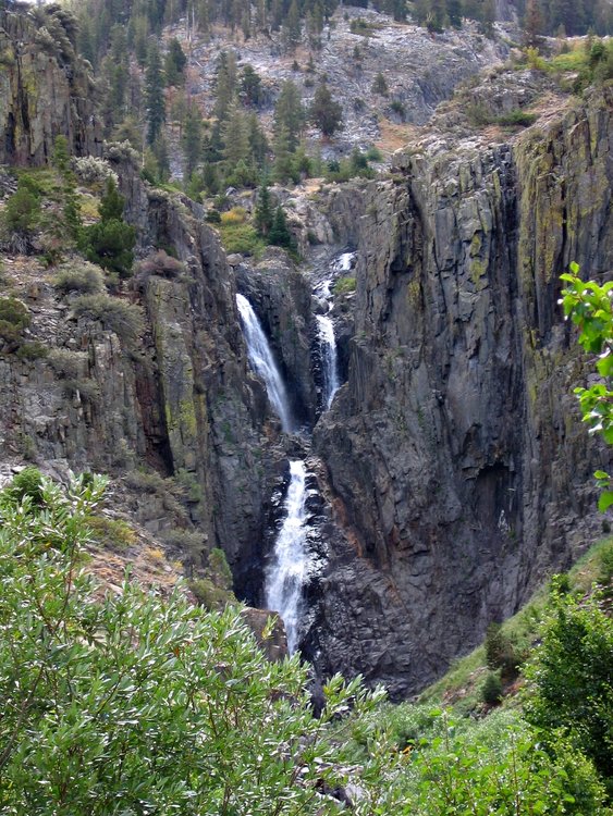 In 2004, I traversed high up the hillside downstream from Triple Falls and found and followed what I think is the old JMT trail for quite a ways. The route was high enough to give me this nice view looking down (rather than up) at the falls.