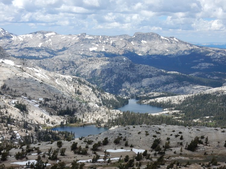 Cathedral Lakes from northwest slopes of Echo Peaks.