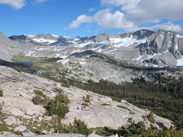 Lewis Creek drainage from Vogelsang Pass. Peak 12499 most distant, left of center. Gallison Lake on the left, Bernice Lake on the right.