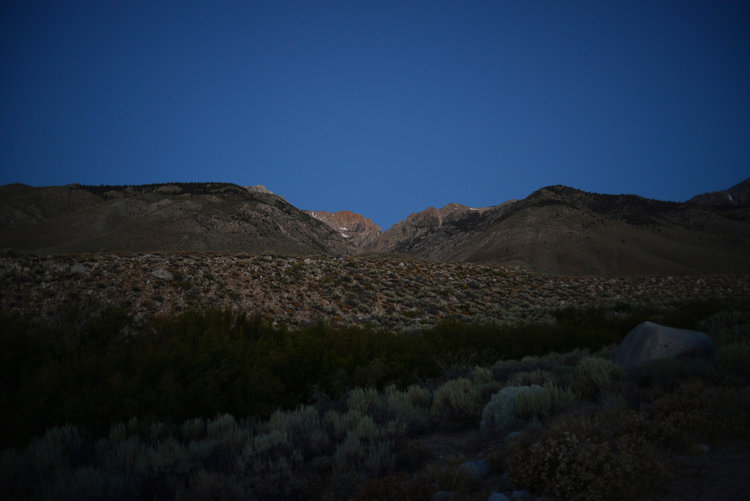First light hitting the mountains around Taboose Pass. That's the canyon the trail goes through.