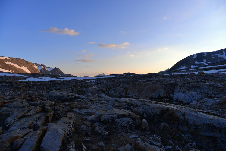 Basically the top of the pass! We made it! Pretty much last light. Arrow Peak is the prominent peak in the center.