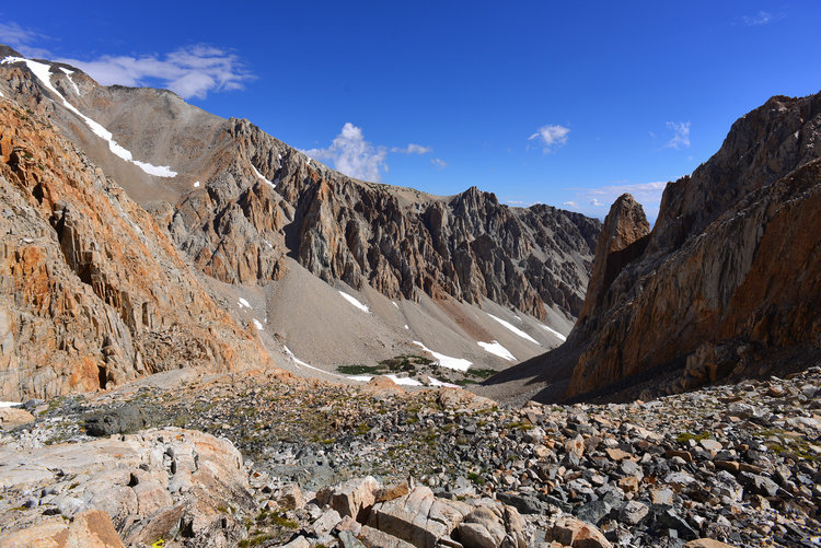 Gorgeous orange canyon walls wall the Taboose Pass trail. Looking down from the outlet of the lake below Goodale.