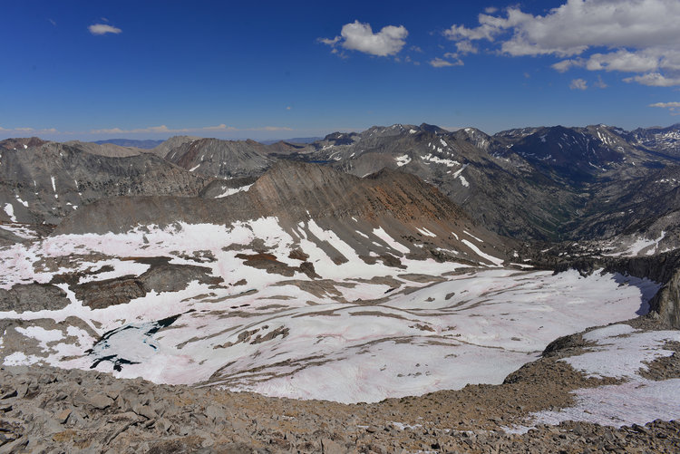 Looking Southeast from the top had an inredible view towards Glen Pass and the canyon of Woods Creek and. Look at all that snow still in late July!