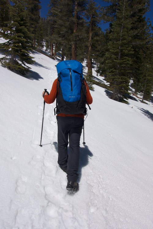 Hiking over snow with microspikes, at approximately 9,000 feet.