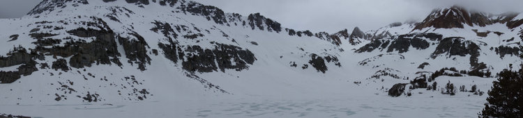 Panorama over Big McGee lake. Red and White Mountain is on the right; Hopkins Pass is near the center.