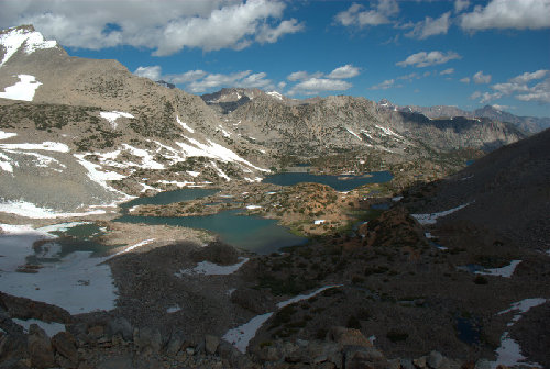 Looking from near Bishop Pass at the chain of lakes below
