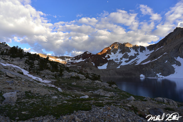 Incredible evening light on the peaks along with Lake Marjorie.