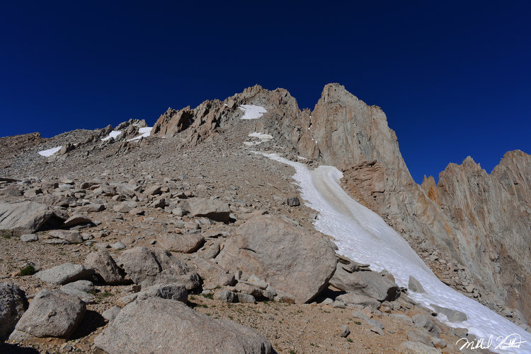 Mt. McAdie's summit is to the right. Somewhere in those cliffs is an improbable, but totally doable steep Class 3 Route up.