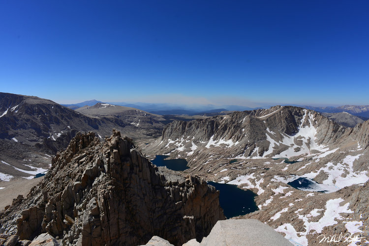 Looking down onto Miter Basin. Sky Blue Lake is the one furthest back. You can see the smoke in the background.