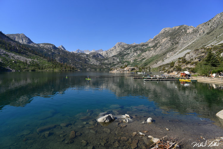 Beautiful and mostly full Lake Sabrina with the Evolution Peaks in the background.
