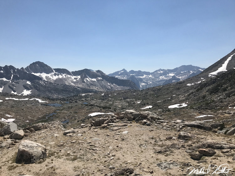 Still lots of patchy snow on the high mountains looking towards the Black Divide from the top of Bishop Pass.
