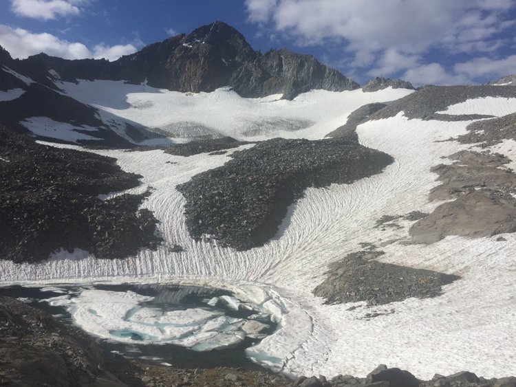 Mt Maclure with associated snowfields and glaciers.