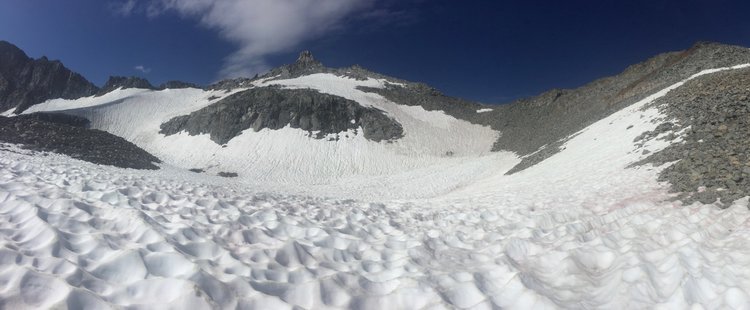 Russell Pass right of center -- follow snowfields as far as possible, then a talus scramble to the top.
