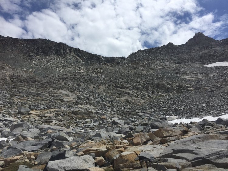 Russell Pass from southwest -- head for distinct notch right of center -- rocks there are red, all others grey/white
