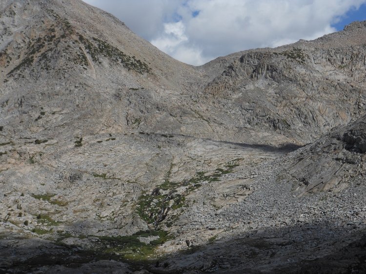 Sluggo-Ingraham Pass from the east -- two small meadows below pass are just greenish smudges -- yesterday I went down and to the right below them to start my tour of the upper drainage.