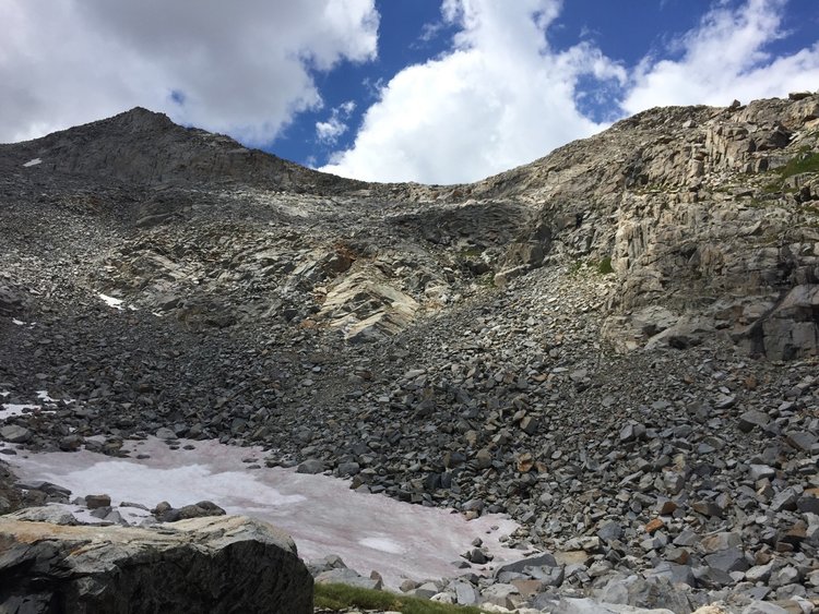 Foerster Ridge from hanging valley between Mt Ansel Adams and Foerster Peak -- I scrambled up slope at left next to rock faces until I reached the ledge and then traversed to the right