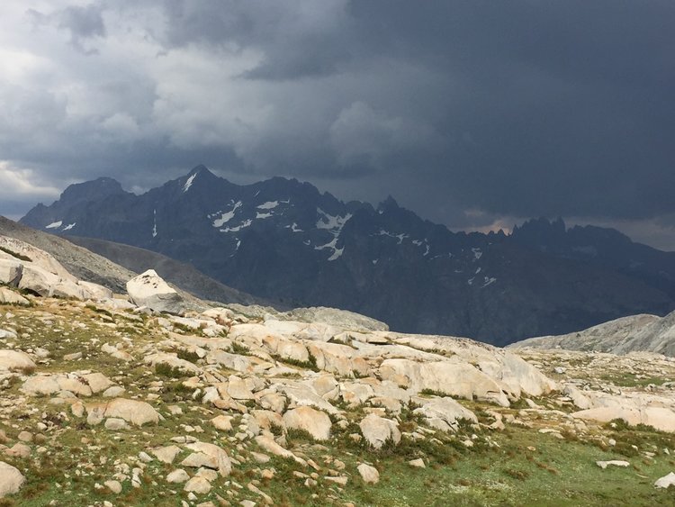 Banner, Ritter &amp; Minarets from Blue Lake during storm.