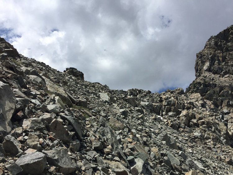 Stable talus just below north side of saddle between Peaks 3551 and 3528 -- loose gravel slopes further down.