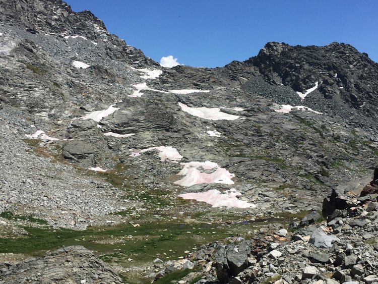 View from northwest of Beck Lakes Pass -- I climbed half way from lower left to upper right just below talus slope, then lower right to upper left to low point with cloud peeking up.