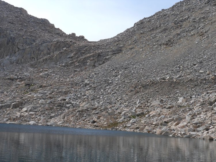 Alpine Col from the south -- I came down on top of lowest cliff band and then pretty much straight down to the shore