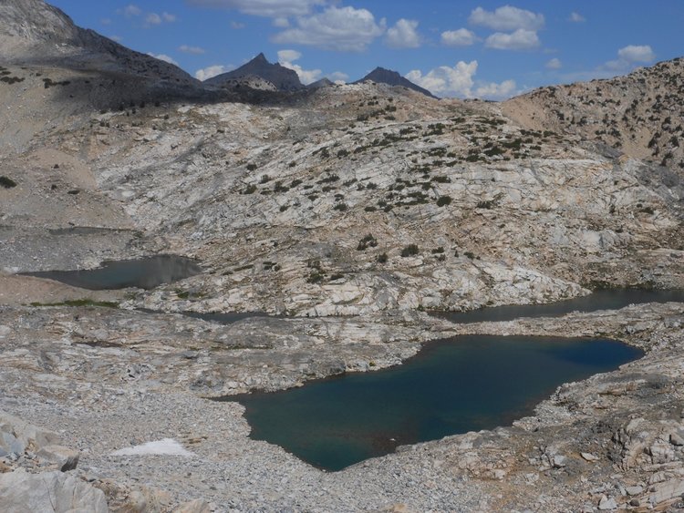 Rae Col from part way up Glen Pass -- I came down to the isthmus between the two lakes on the right where the JMT/PCT passes nearby