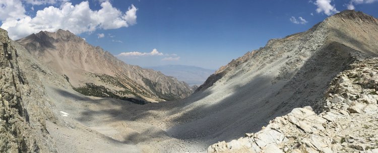 View east from Shepherd Pass -- trail from Junction Pass emerges at left-uppermost patch of green