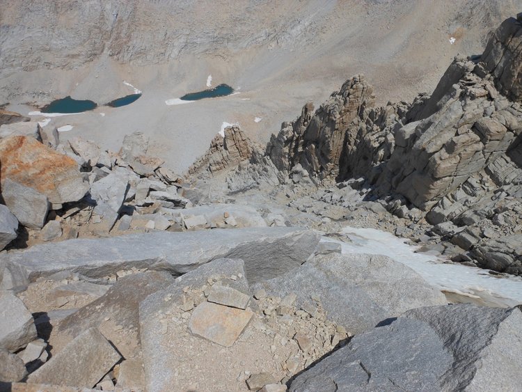 Looking down on the Notch (center) from above before descent -- I crossed over just below the snow field