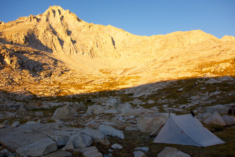 Camped below Mount Brewer's east face