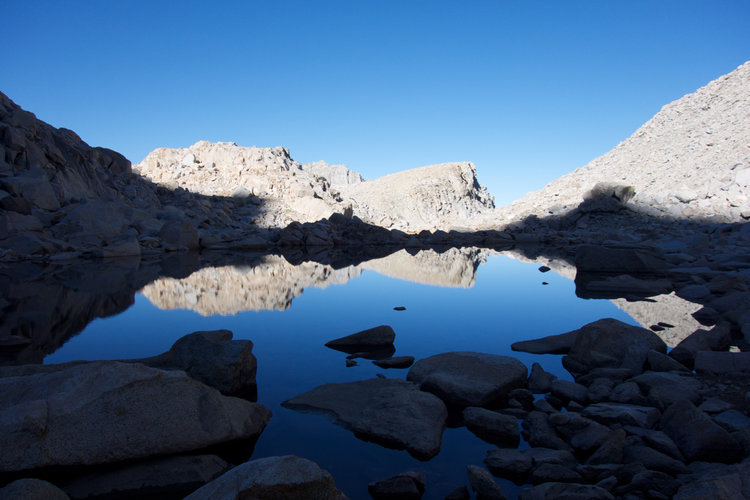 Tarns below Mount Brewer's south face, shrouded in morning shadow