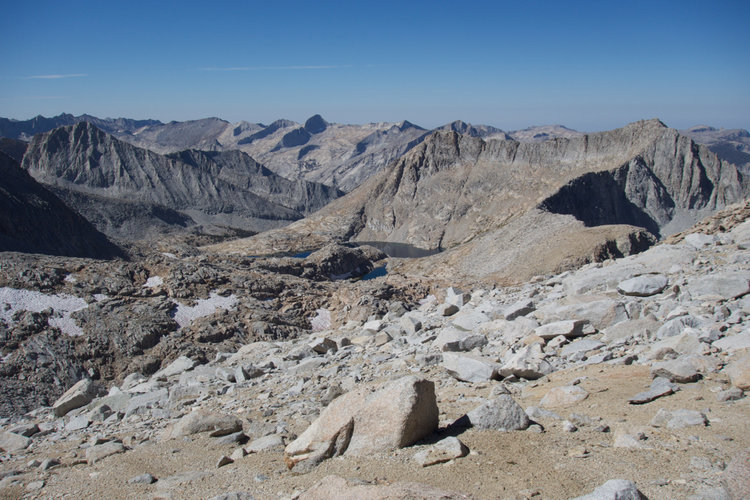 Climbing scree slopes on Mount Brewer's southern face