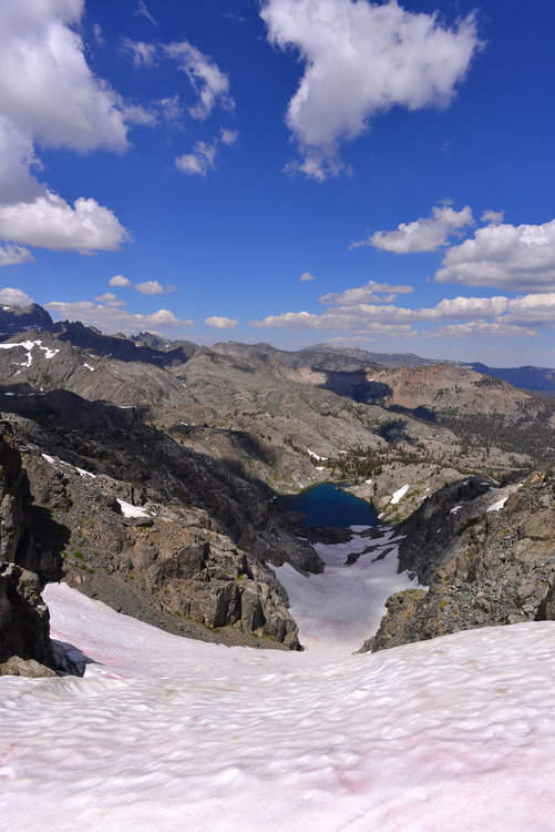 The long and awesome snow chute to climb up Iron Mountain. All the way down to Ashley Lake. Boy if all mountains had a nice easy snow chute that avoided all the nasty loose rock!