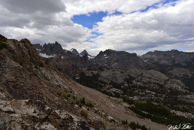 The view to the North from Nancy Pass lay out your route to Minaret Lake.  The Minarets are standing guard ever so proudly.