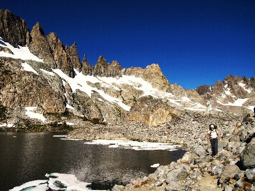 Crossing boulders on the east side of Cecile Lake (preferable to more ice crossing on the west side)
