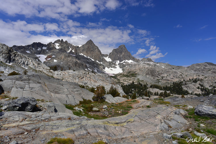 Looking down to Lake Ediza from above. Ritter and Banner command the view.