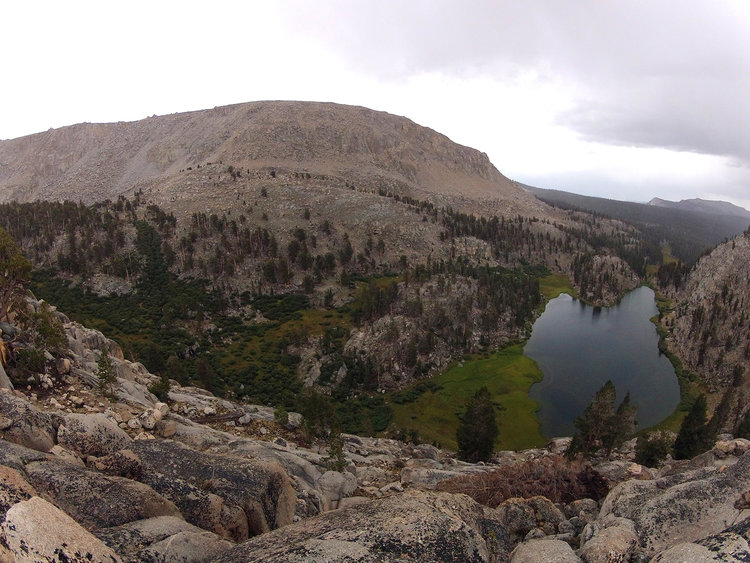 After our pelting it was good to look down on our not too distant camp on the peninsula at Soldier Lake.