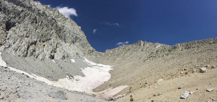 Upper part of drainage below Junction Peak -- pass is on the ridge at the right (not the low notch in the center of the frame)
