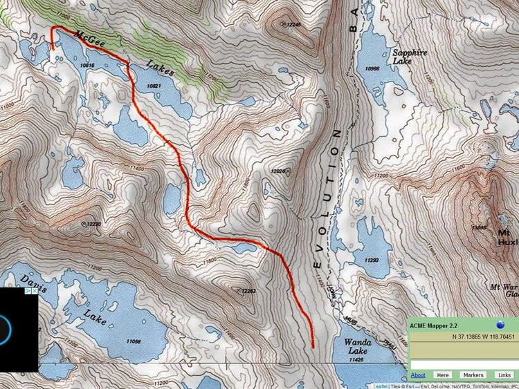 Map of route from McGee Lakes to Wanda Lake via McGee Pass South.