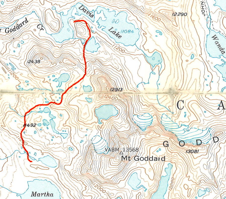 The red line shows my route from Davis Lake to just shy of Martha Lake.