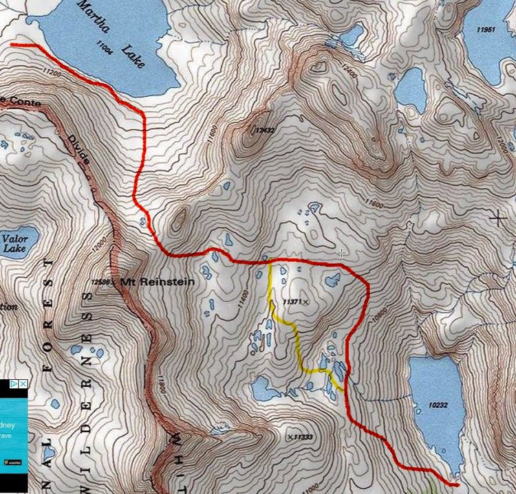 Our route (in red) for the day.  The route I've usually followed over the years is shown in yellow.