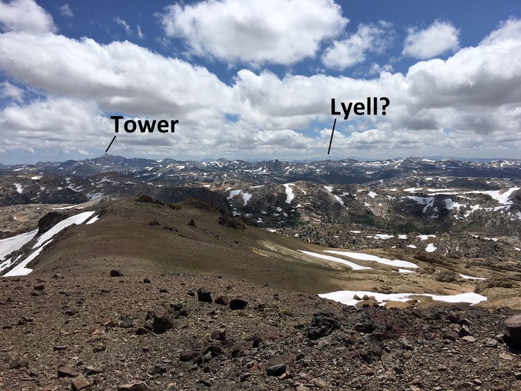 Obligatory summit view. Tower Peak is like, big. And Lyell is pretty much the only thing I can ID cuz it has a huge glacier.