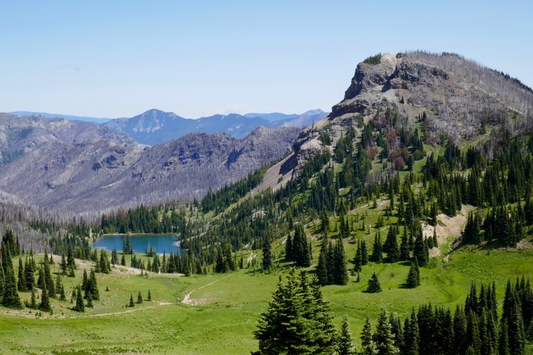 Placer Lake at the boundary of the Norse Peak Wilderness burn area.