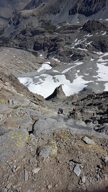 Looking down the chute at the Gendarme split