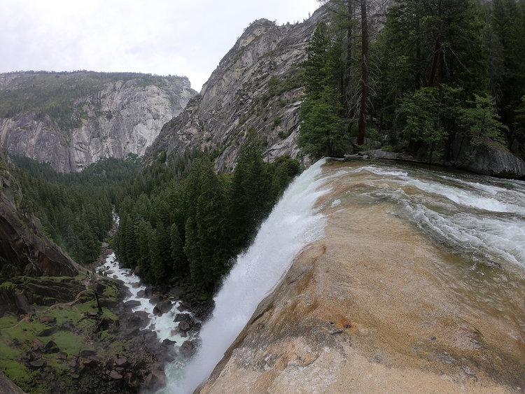 Top of Vernal Falls. Note the empty Mist Trail at lower left.