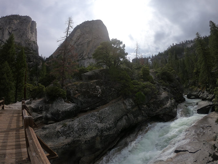 Another empty bridge. River views-and first look at Nevada Falls.