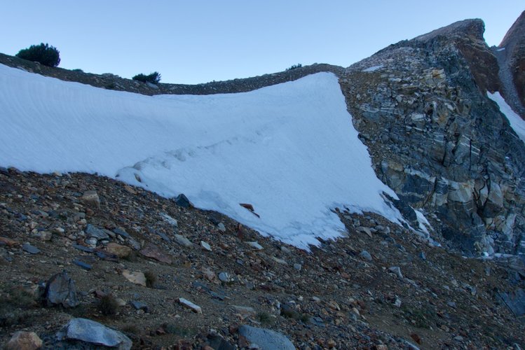 The snow cornice on Hopkins Pass' north side.