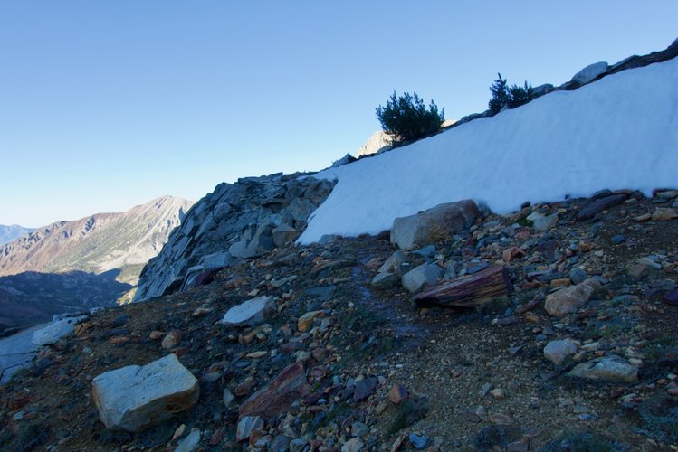 Snow cornice on Hopkins Pass; I climbed around those rocks in the center of the photo.