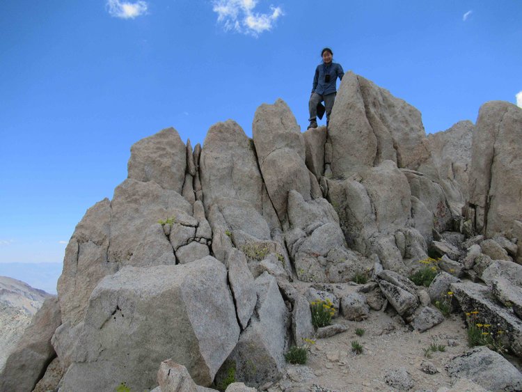 Dawn claims her high point N of Bear Creek Spire--her new high elevation mark.