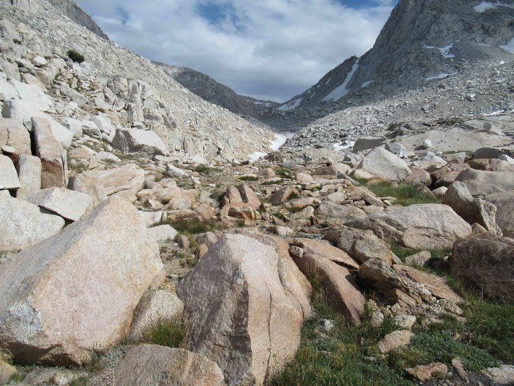 We've cleared three passes and are headed down; the view southward toward Gabbot Pass.