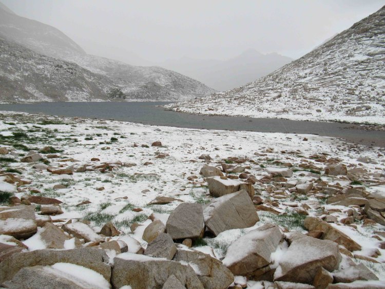 The heavy hailstorm transformed the landscape and there is virtually no place to shelter around Lake Italy.
