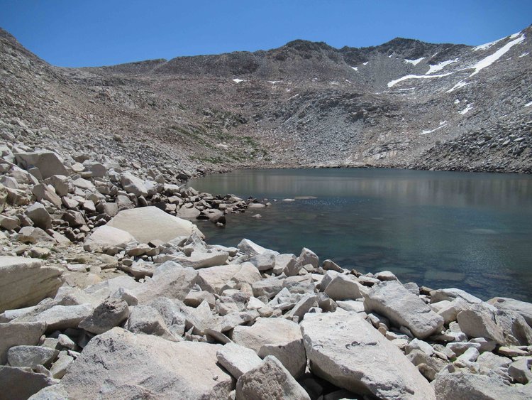 Aptly named Jumble Lake--the high traverse from Italy Pass (left out of view) to Jumble Pass (right out of view) can be seen.